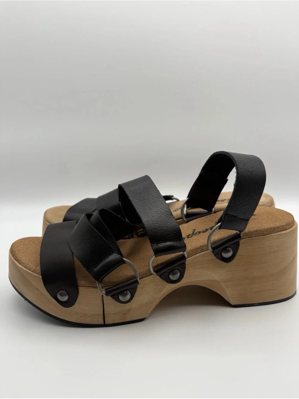 Free People Black Leather Strappy Wood-Effect Platform Sandals